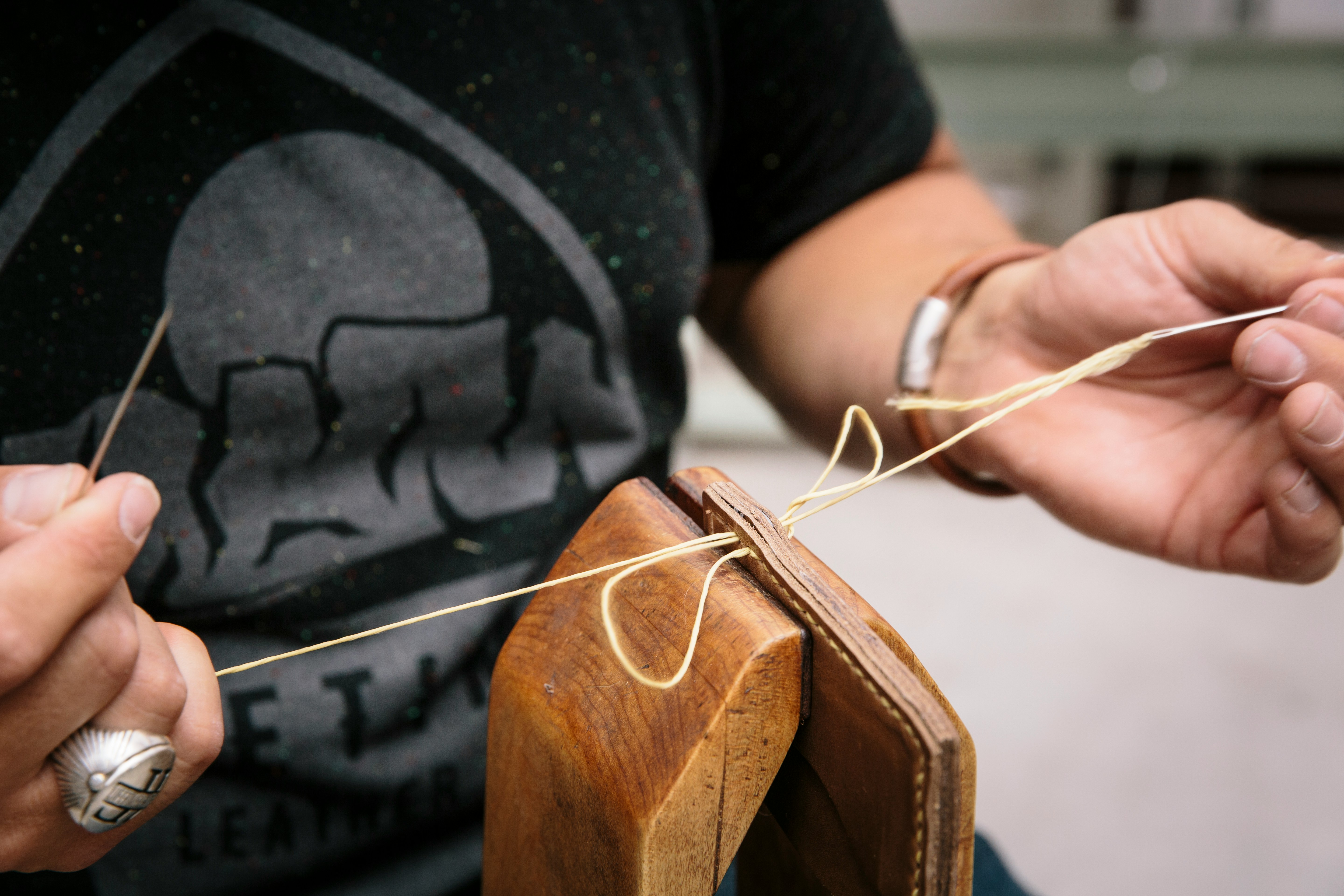 Close-up of leather texture and tools
